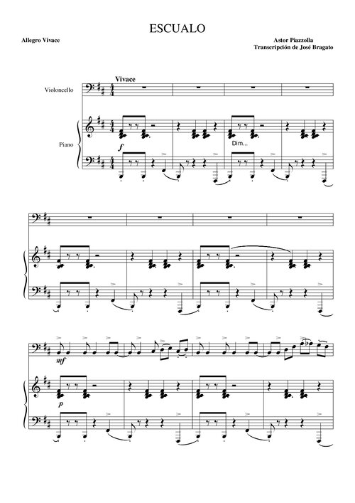 Piazzolla Escualo Cello Y Piano Arr Bragato