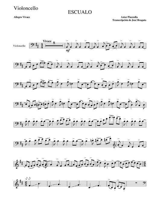 Piazzolla Escualo Cello Y Piano Arr Bragato Part Cello