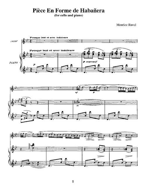 Ravel Piece En Forme De Habanera Cello Piano