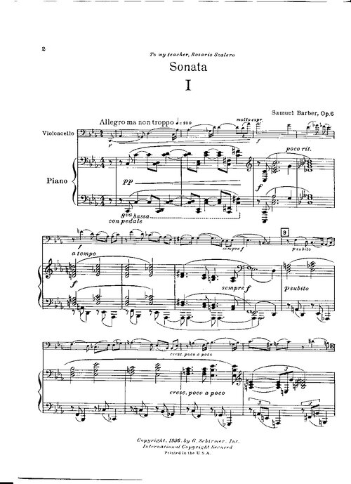 Barber Cello And Piano Sonata Op 6 (score)