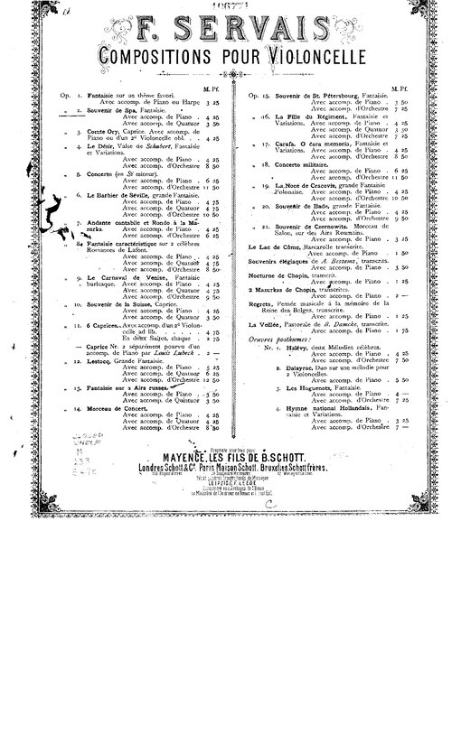 Servais Souvenirs Fantaisie With Cello Part