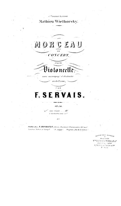 Servais Morceau De Concert Violoncello Op 44
