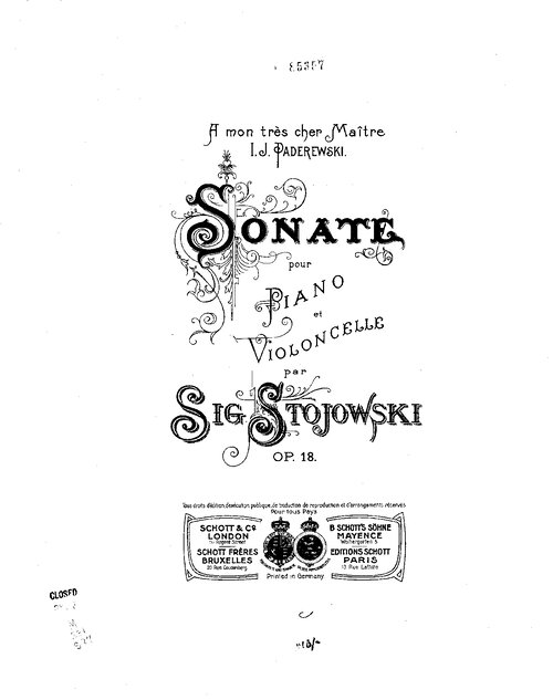 Stojowski Sonata Para Piano Y Cello Op 18 (score)