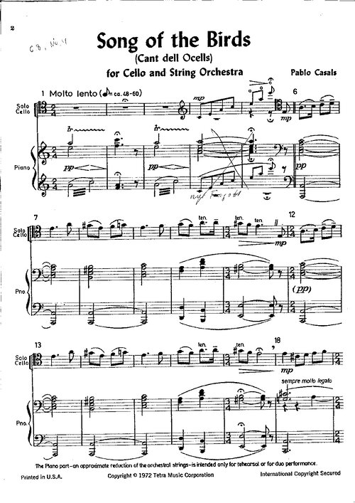 Pablo Casals Cant Del Ocells) For Cello And Piano