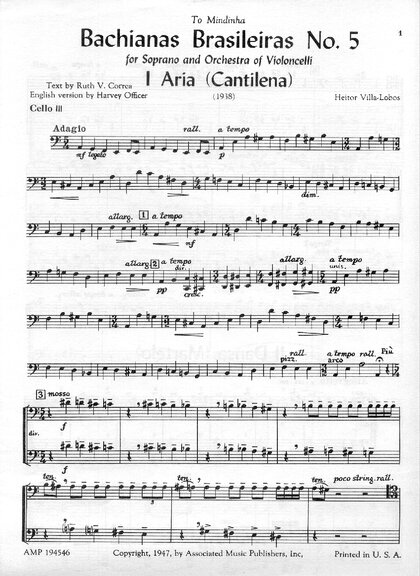 Villa Lobos Bachianas Brasileiras No 5 For Soprano And Orchestra Of Violoncelli Cello Iii