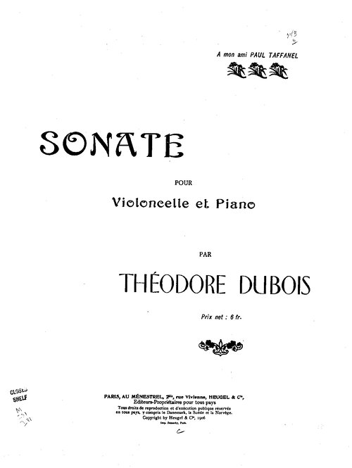 Dubois Sonata Per Violoncello & Pianoforte Parte Di Violoncello & Pianoforte