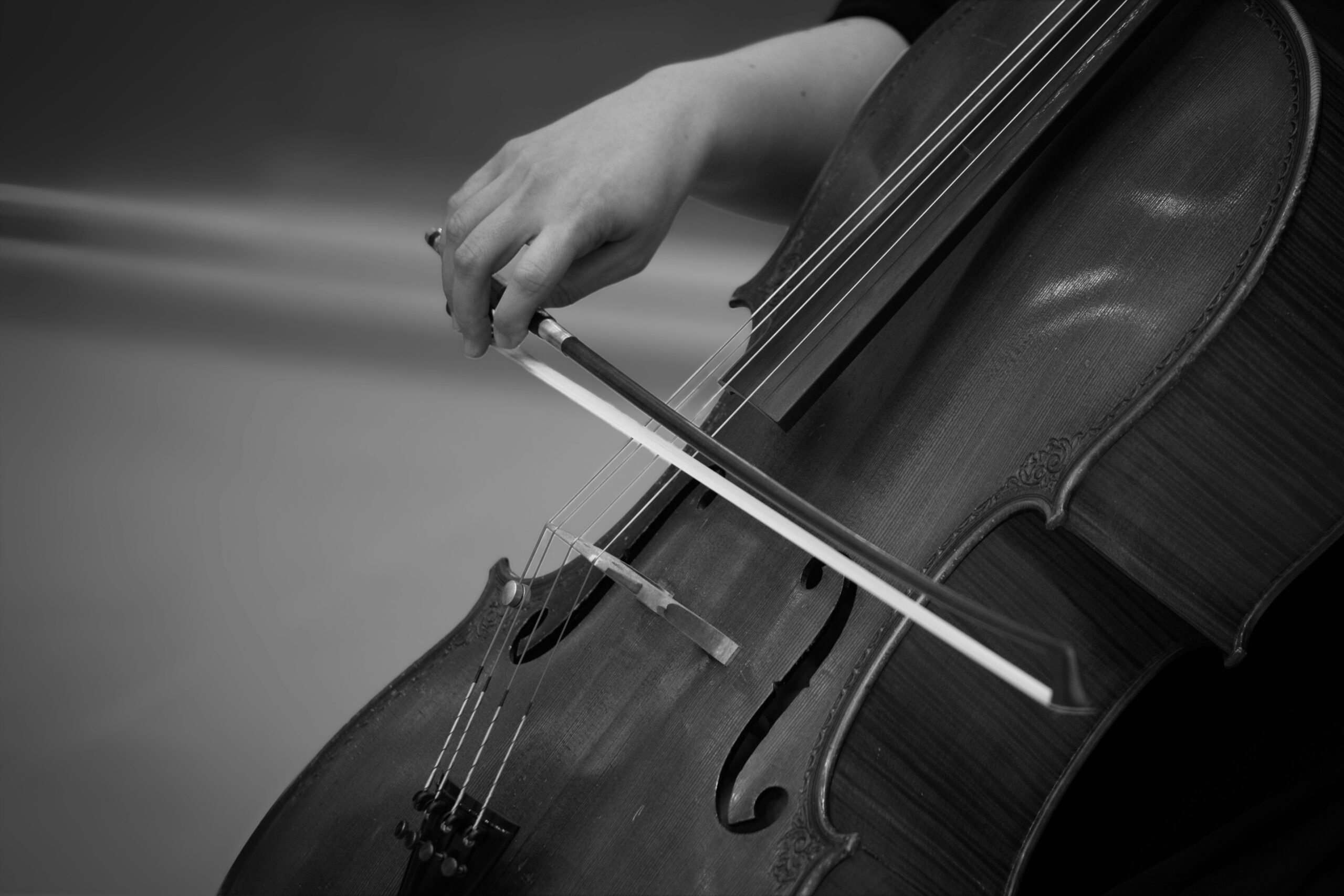 Primer plano en blanco y negro de un chelista tocando con arco