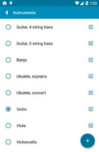 Pantalla de selección de instrumento del Gstrings