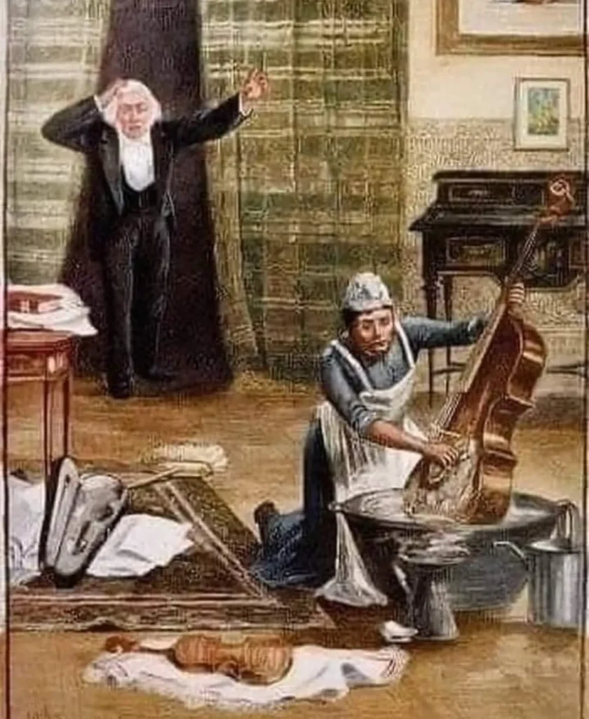 Ilustración antigua: una criada lava un violonchelo en una palangana mientras un músico se lleva las manos a la cabeza