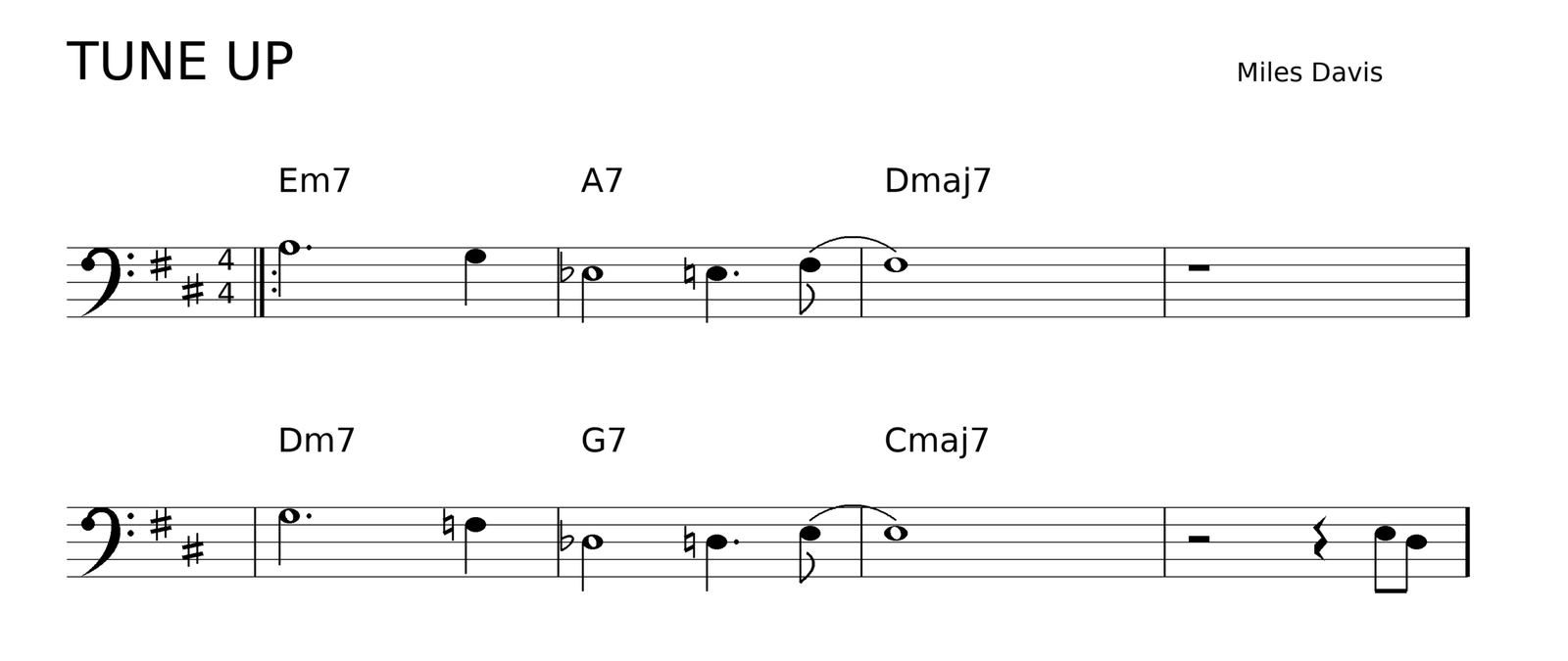 Primeros ocho compases de Tune Up, de Miles Davis, en clave de fa, con el cifrado Em7, A7, Dmaj7, Dm7, G7 y Cmaj7